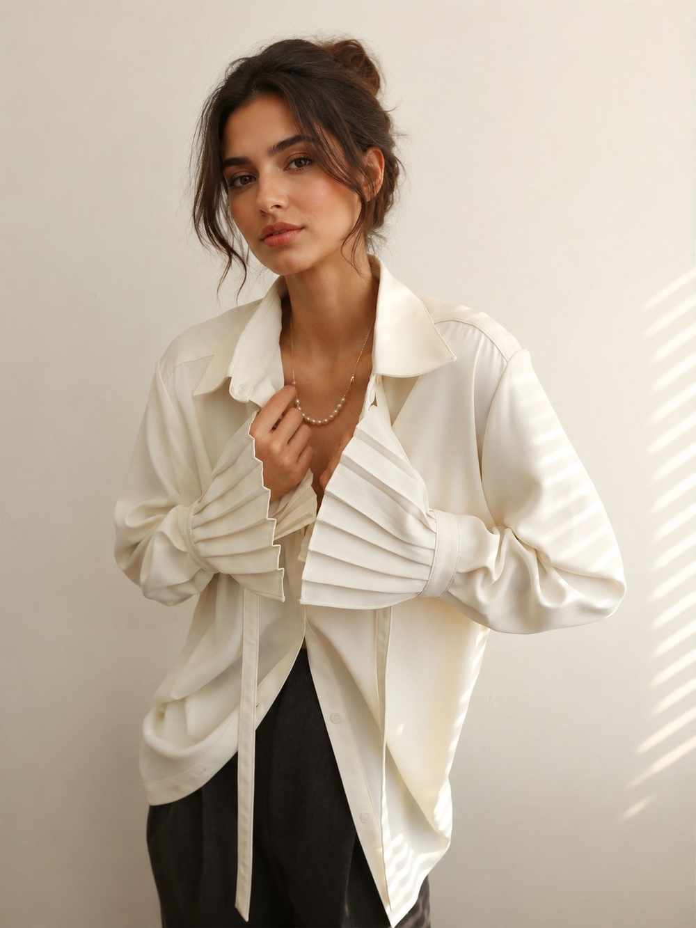 Commense Cream Pleated-Cuff Button Down Shirt